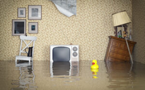 Living room flooded with old TV and rubber duck floating around
