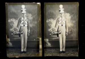 Duplicate vintage b+w images of a young man in marching band uniform