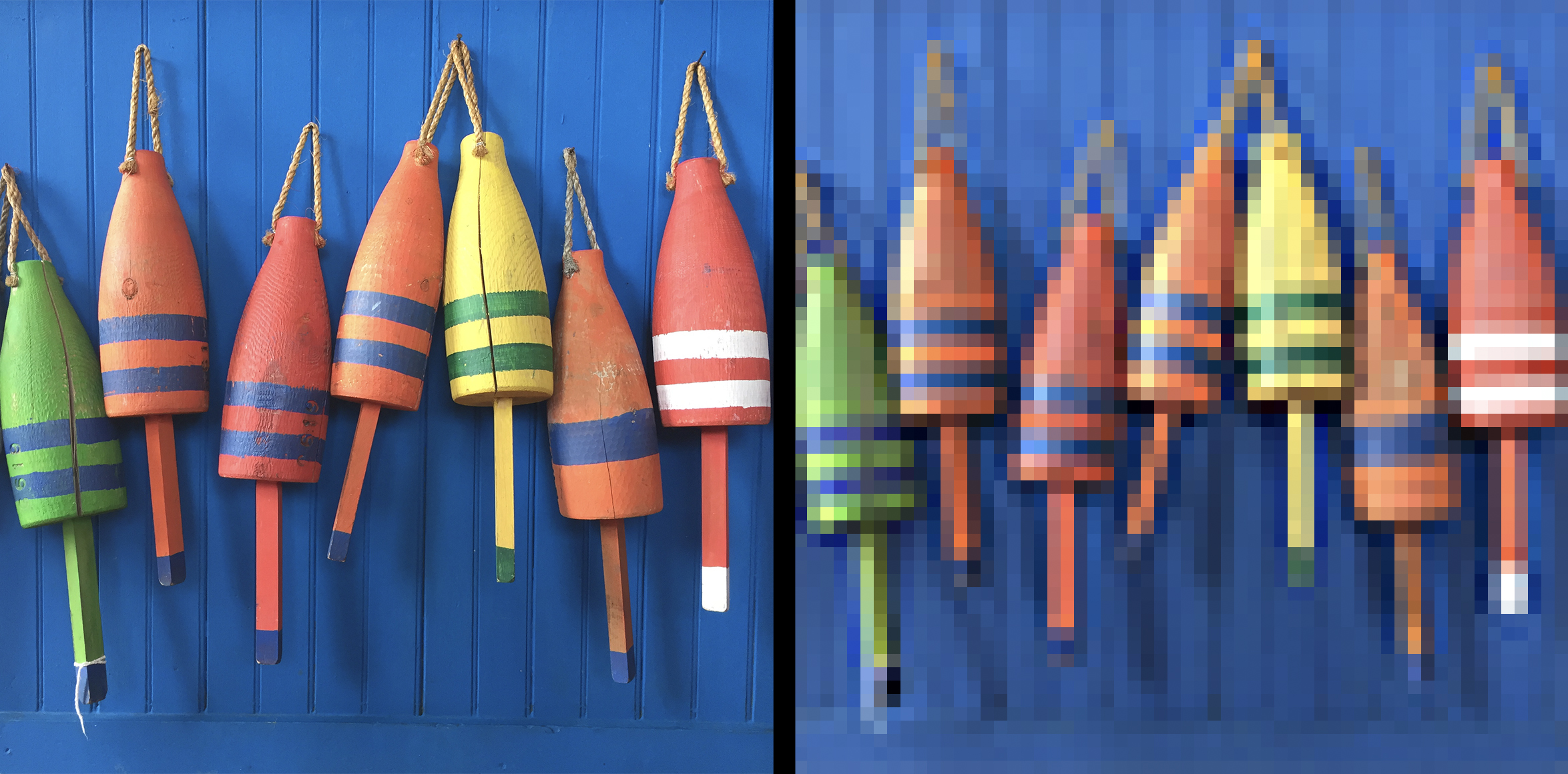 hi res and low res images side by side of buoys hanging in a blue wall
