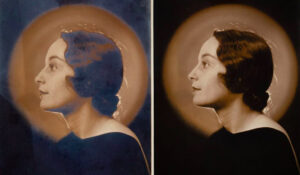 Before and After example of silvering in a b+w photo. 2 profile views of of a woman c. 1930s.